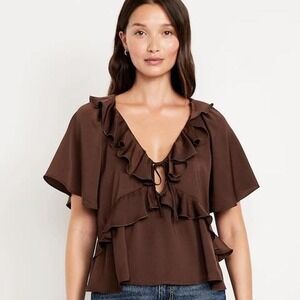 Old Navy Brown Ruffle Tie-Front Blouse Sz L Petite